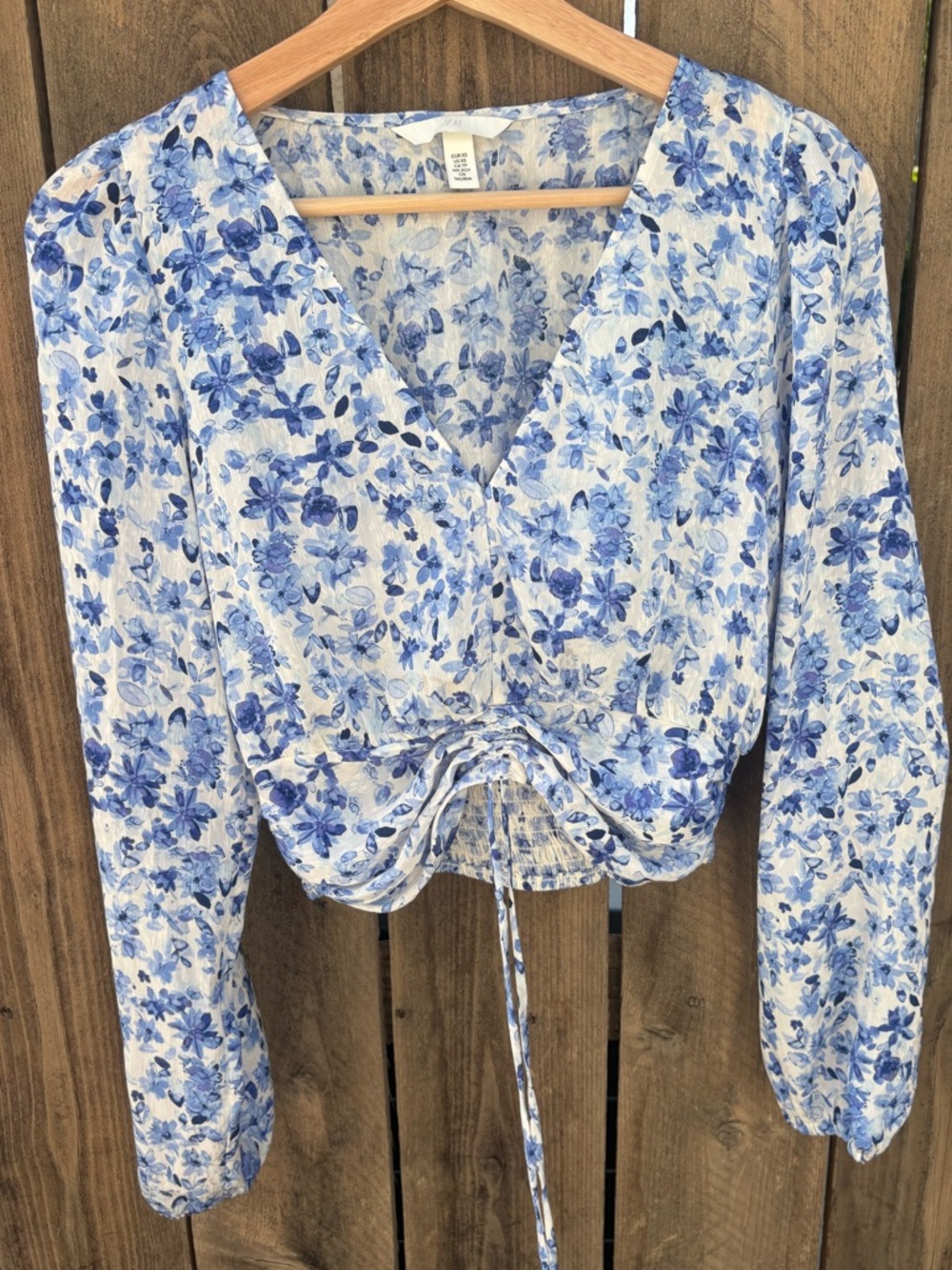 H&M Blue and White Floral Drawstring Wrap Top
